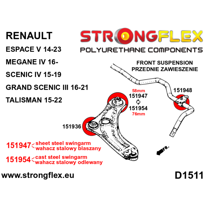 151947A: Tuleja wahacza przedniego – tylna 58mm SPORT Strongflex