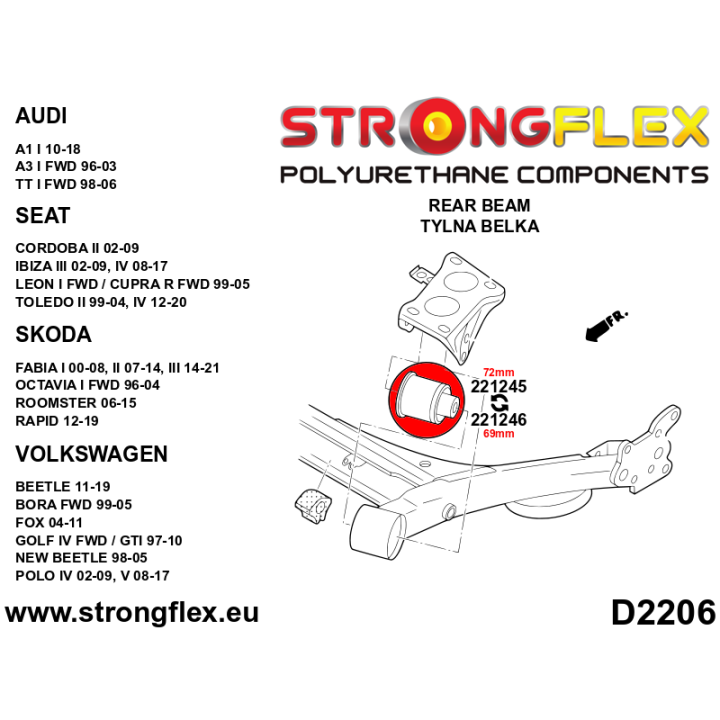 221245B: Tuleja tylnej belki 72mm Strongflex